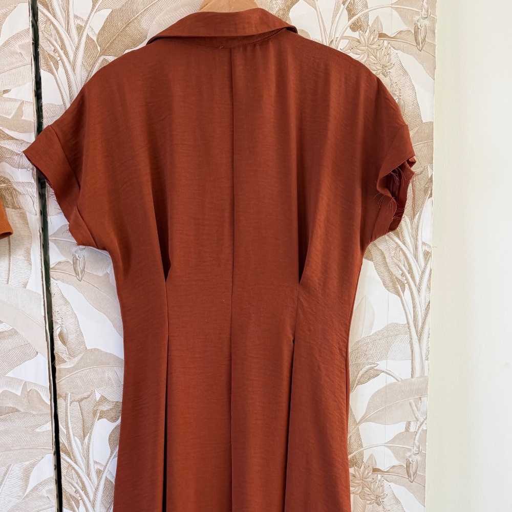 Rust Brown Button Front Midi Dress – Collared Boho Shirt Dress. - Picture 5 of 6
